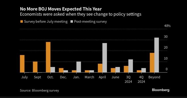 图：经济学家预计最快要到明年第三季度才会进行政策调整 来源：Bloomberg
